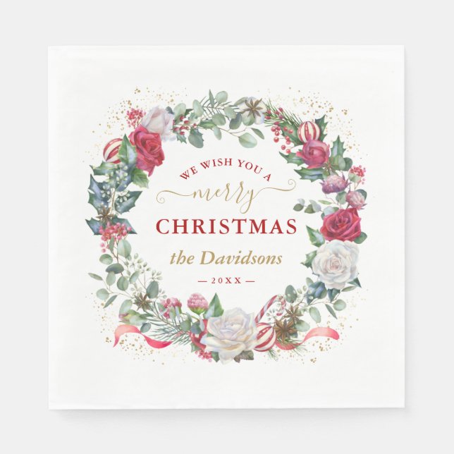 Serviette En Papier Wish You A Merry Christmas Wreath Monogram (Devant)