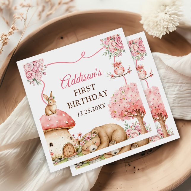 Serviette En Papier Woodland Animals Girl 1st Birthday Party (Créateur téléchargé)