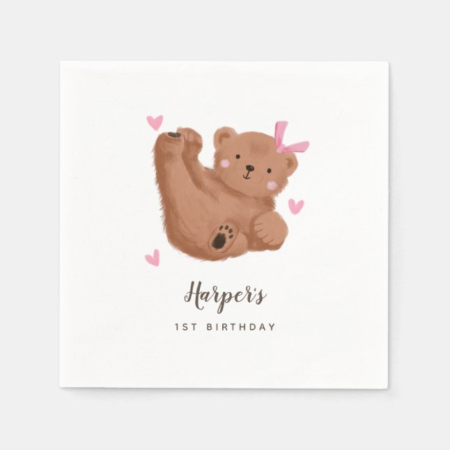 Serviette En Papier Woodland Bear thème Fille fête d'anniversaire (Devant)