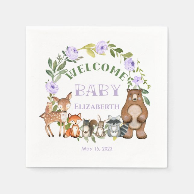 Serviette En Papier Woodland Themed Paper Party Napkins Purple (Devant)