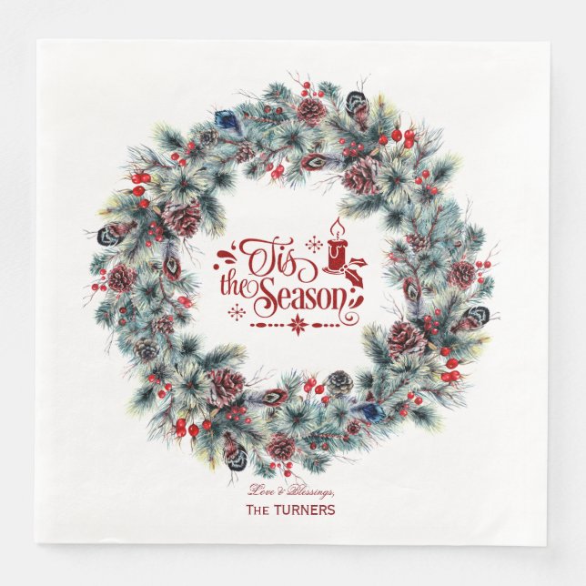 Serviette En Papier Wreath 'Tis Season Monogramme (Devant)