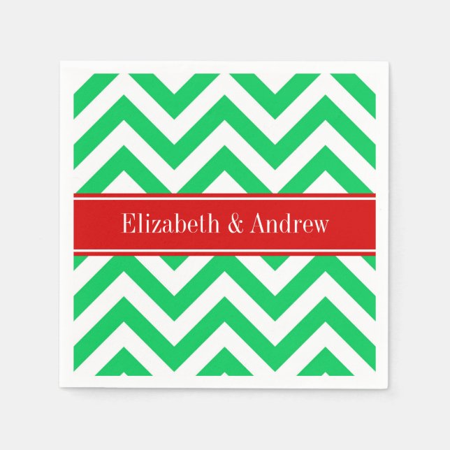 Serviette En Papier Xmas Emerald White LG Chevron Nom rouge Monogramme (Devant)