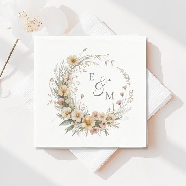Serviette En Papier Yellow and Sage Floral Wreath Wedding Napkin (Créateur téléchargé)