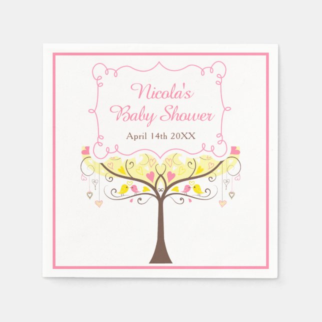 Serviette En Papier yellow Pink Floral Bird Baby Shower  (Devant)