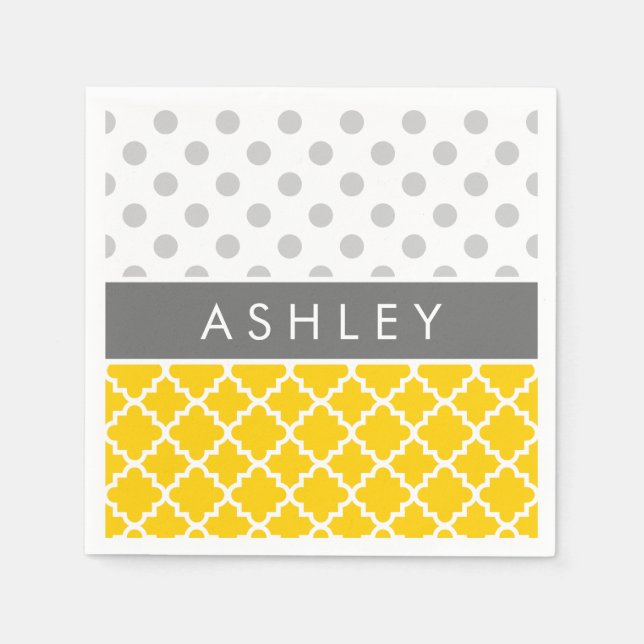 Serviette En Papier Yellow Quatrefoil and Grey Polka Dot Pattern (Devant)