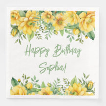 Yellow Sage Green Flowers Floral Party Napkins