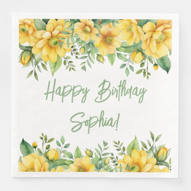 Serviette En Papier Yellow Sage Green Flowers Floral Party Napkins (Devant)