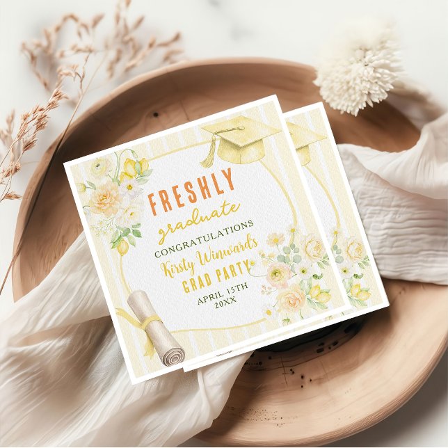 Serviette En Papier Yellow Stripes Lemons and Flowers Graduation (Créateur téléchargé)