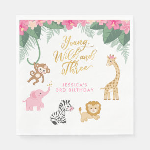 Serviette En Papier Young Wild and Three - Pink Safari Girl's 3rd