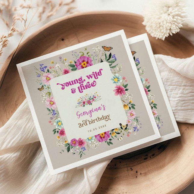 Serviette En Papier Young Wild & Three Boho Flower Garden Anniversaire (Créateur téléchargé)