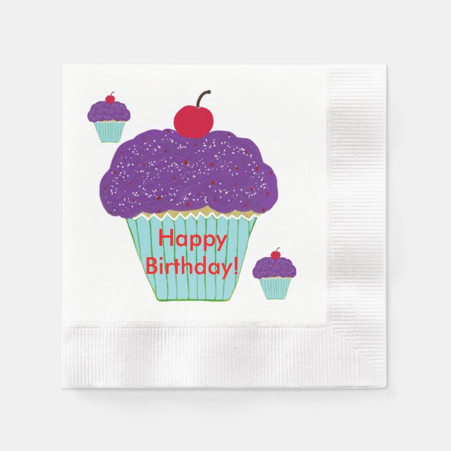 Serviette En Papier Yummy Purple Frosting Cerry Cupcakes Anniversaire (Devant)
