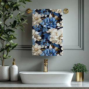 Serviette fleurie classique bleu marine ivoire or