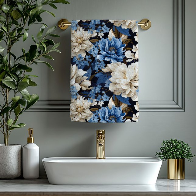 Serviette fleurie classique bleu marine ivoire or (Classic Navy Blue Ivory Gold Floral Towel)