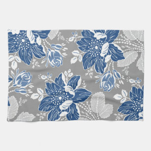 Serviette florale grise bleu-foncé de tissu de
