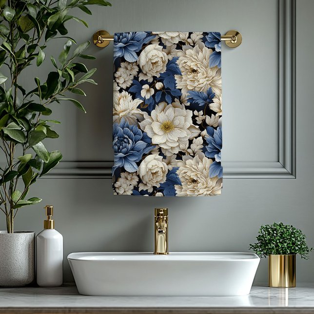 Serviette florale opulente bleu marine ivoire or (Opulent Navy Blue Ivory Gold Floral Towel)