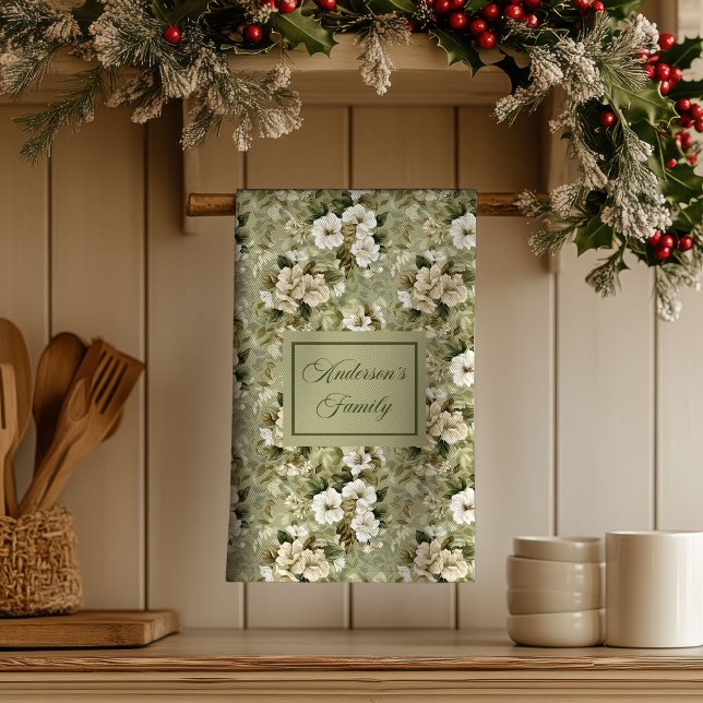 Serviette florale personnalisée de décoration chic (Sage Green Chic Decor Personalized Floral Towel )