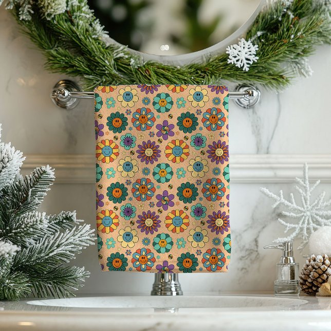 Serviette Florale Rétro Style Bohème Salle de Bain (Retro Floral Towel 60s Boho Bath Style Accent)