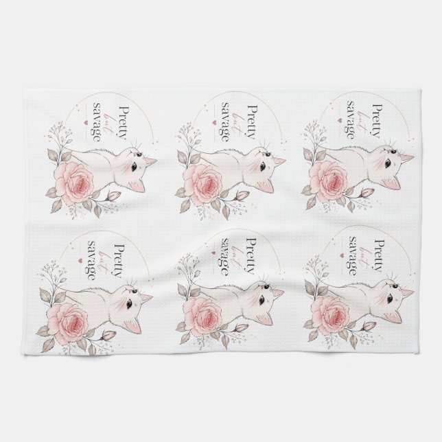 Serviette Mignonne Mais Sauvage Kawaii Chat Rose (Horizontal)