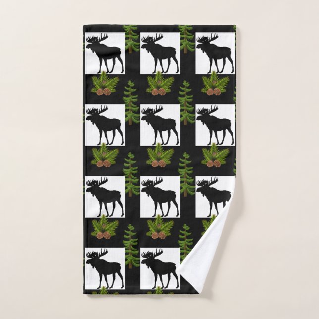 Serviette moderne à motif d'orignal noir et verdur (Serviette à main)