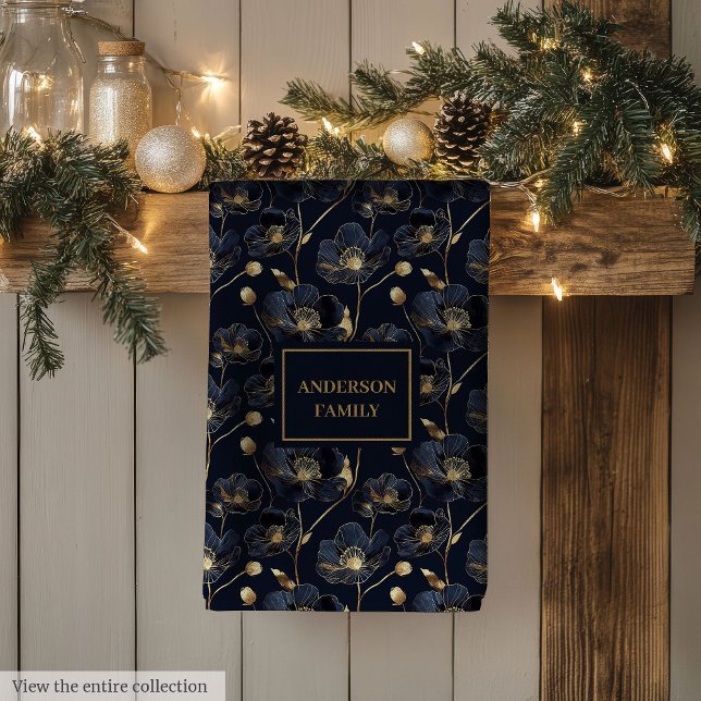 Serviette Monogramme Fleurs Or Tendance Minimalist (Minimalist Navy Towel Gold Flowers Monogram Touch)
