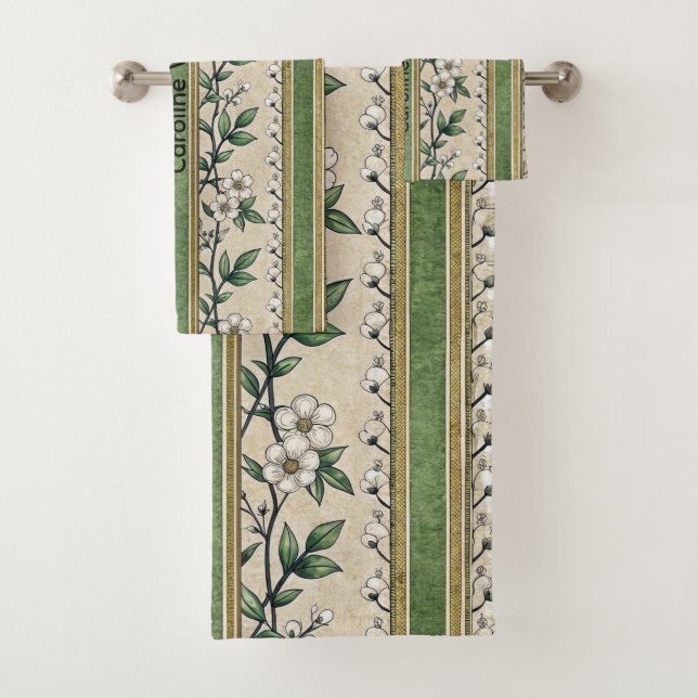 serviette - motif floral vert - le nom peut être m (En situation)