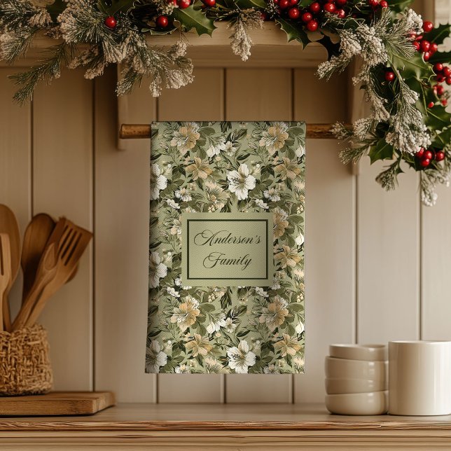 Serviette Personnalisée Élégante Fleurie Vert Doré (Green Gold Floral Personalized Elegant Towel )