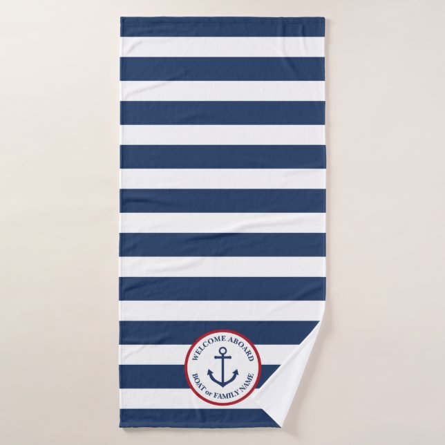 Serviette personnalisée rayée de la marine d'ancre (Serviette de bain)
