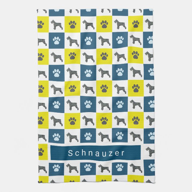 Serviette Schnauzer Chien & Paw Yellow & Blue Grid (Vertical)