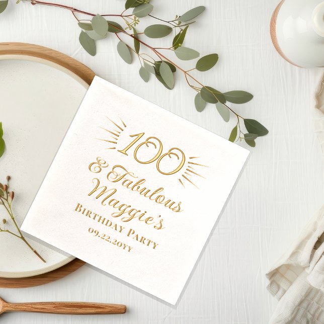 Serviettes Avec Dorure 100 et fabuleuse fête du 100e anniversaire (Elegant "100 and Fabulous" 100th Birthday Party Stamped Foil Napkins)