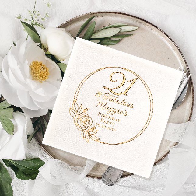 Serviettes Avec Dorure 21 et Fabuleuse fête du 21e anniversaire bloquée (Elegant "21 and Fabulous" Floral Wreath Frame 21st Birthday Party Stamped Foil Napkins)