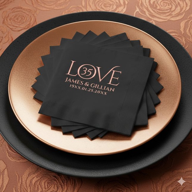 Serviettes Avec Dorure 35 ans d'anniversaire de mariage corail élégant (Elegant 35th Coral Wedding Anniversary Foil-Stamped Napkins Cover Photo)