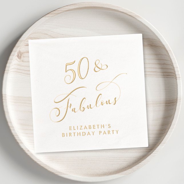 Serviettes Avec Dorure 50 Fabuleux 50e Anniversaire de la fête Gold (Elevate your 50th birthday party decor with these elegant "50 & Fabulous" foil napkins)