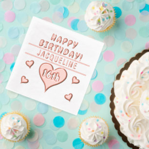 Serviettes Avec Dorure Anniversaire 16 ans Cœurs NOM Tout âge