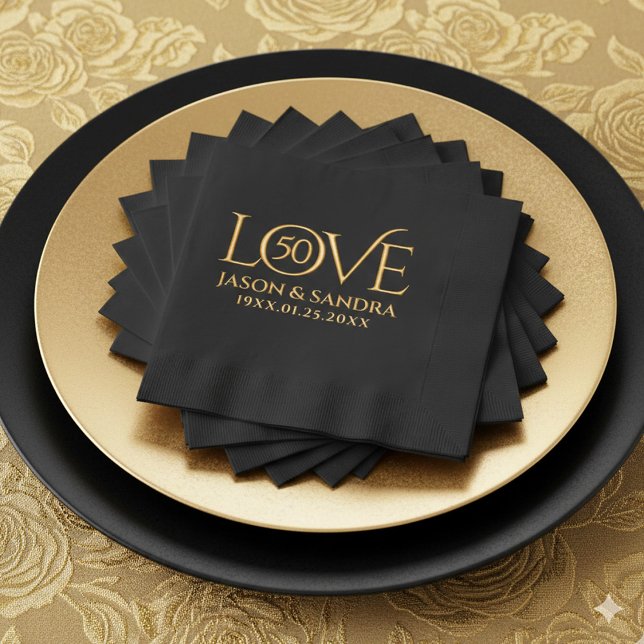 Serviettes Avec Dorure Anniversaire de mariage élégant Années d'amour (Elegant 50th Golden Wedding Anniversary Foil Stamped Napkins Cover Photo)