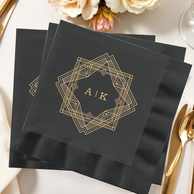 Serviettes Avec Dorure Art Déco Noir Or Monogramme (Créateur téléchargé)