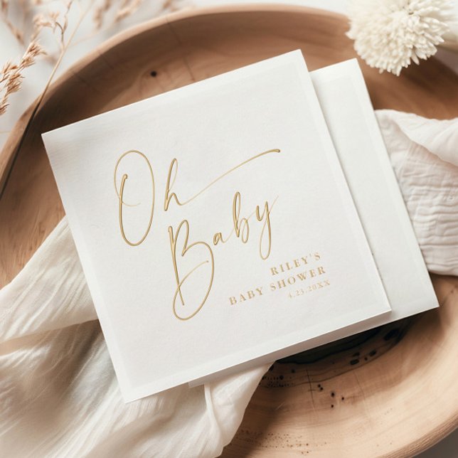 Serviettes Avec Dorure Baby Shower Moderne Écriture Oh Bébé (Elegant modern gold foil script baby shower napkin.)