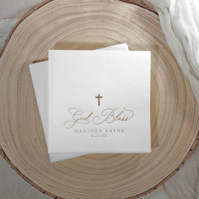 Serviettes Avec Dorure Baptême Première communion Gold Dieu béni Croix (Cross baby baptism napkins - foil stamped and personalized)