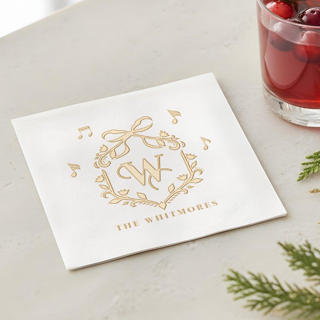 Serviettes Avec Dorure Blason de monogramme de Noël élégant et fantaisist (Elegant Whimsical Christmas Monogram Crest Bow Foil Napkins)
