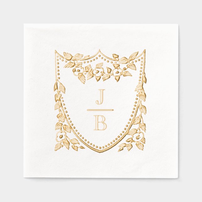 Serviettes Avec Dorure Blason Floral 2 Initiales Monogramme de Mariage #2 (Recto)