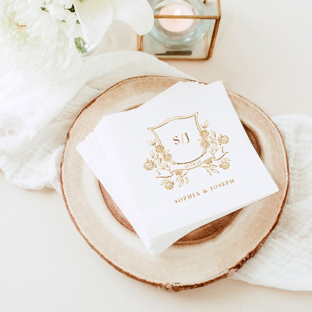 Serviettes Avec Dorure Blason Floral Élégant et Monogramme (Créateur téléchargé)