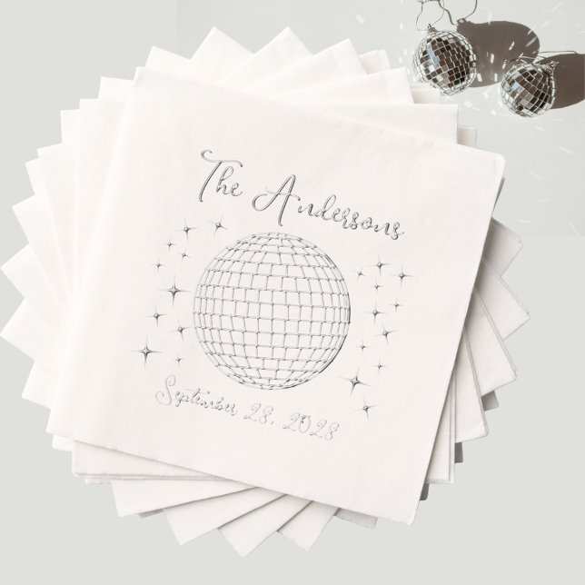 Serviettes Avec Dorure Boule Disco Silver Sparkling Mariage personnalisé (Custom silver foil disco ball wedding napkin. Personalized with your name and wedding date.)