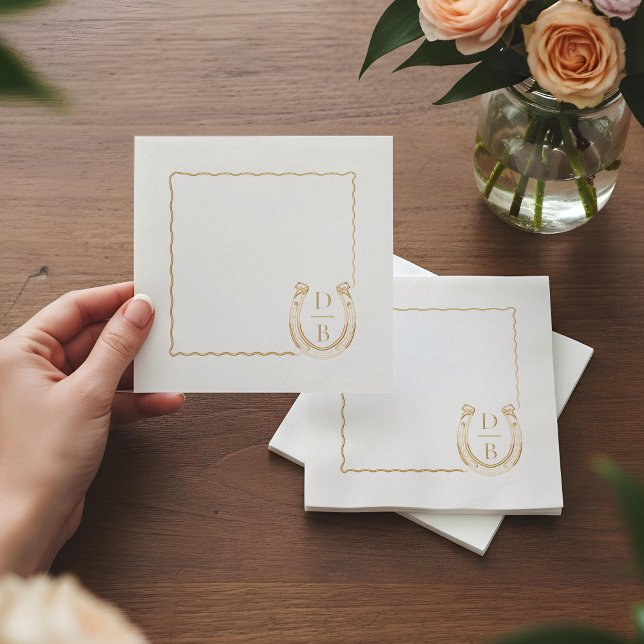 Serviettes Avec Dorure Cadre Rustique Monogramme de Fers à Cheval Occiden (Rustic Frame Western Horseshoe Monogram Wedding Foil Napkins)