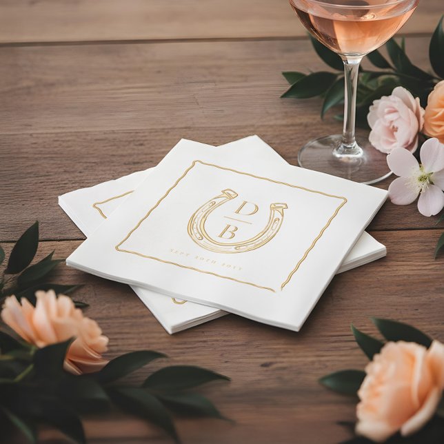 Serviettes Avec Dorure Cadre Rustique Monogramme de Fers à Cheval Occiden (Rustic Frame Western Horseshoe Monogram Wedding Foil Napkins)