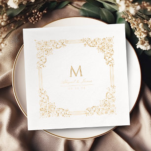Serviettes Avec Dorure Cadre Vintage Élégant Monogramme de Mariage