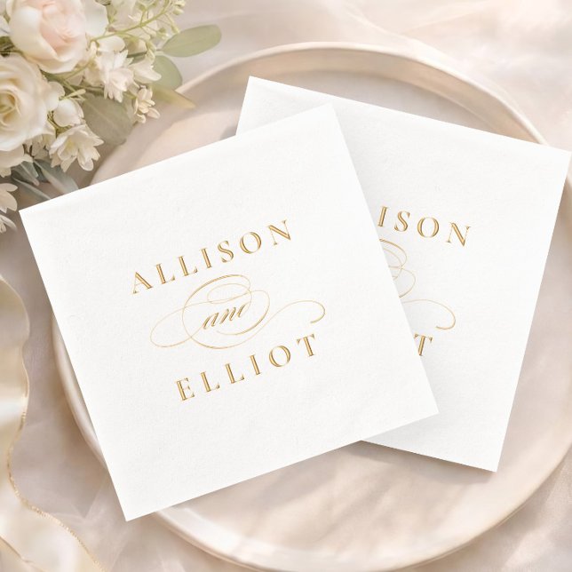 Serviettes Avec Dorure Calligraphie de noms simples pour mariage (Elegant script simple typography wedding real foil napkins.)