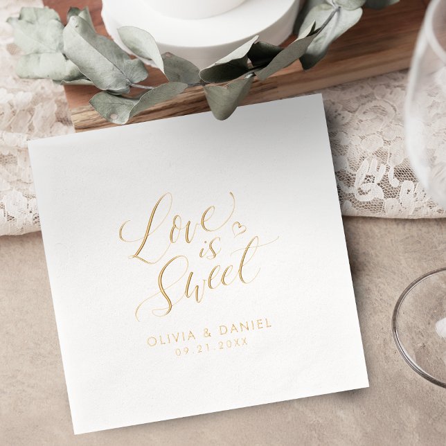 Serviettes Avec Dorure calligraphie moderne de mariage "l'amour est doux" ("love is sweet" modern calligraphy wedding foil napkins)