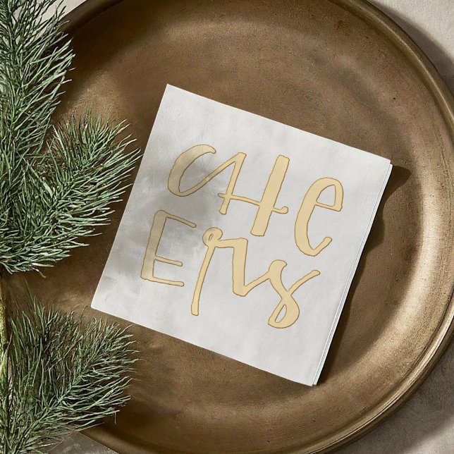 Serviettes Avec Dorure Cheers Lettrés Mains Or Festive (Hand-Lettered Cheers Festive Gold Foil Napkins)