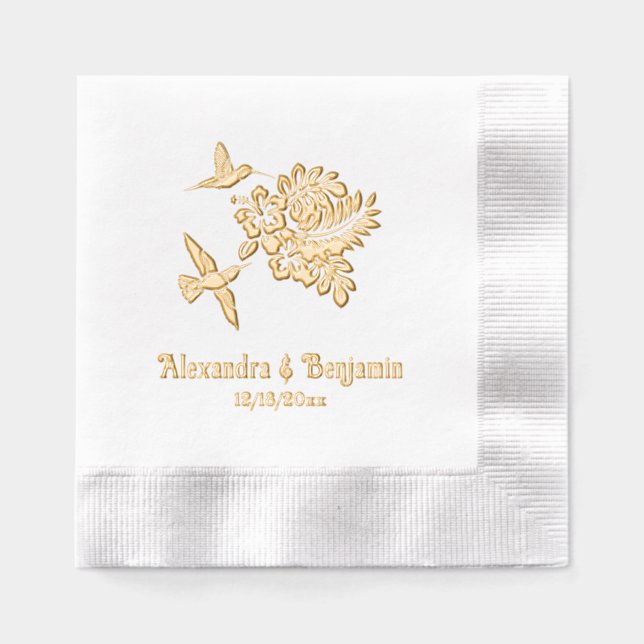 Serviettes Avec Dorure Colibris & Hibiscus Tropicaux Nom Date (Recto)