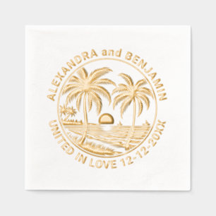 Serviettes Avec Dorure Coucher de soleil sur la plage, couple de mariés s