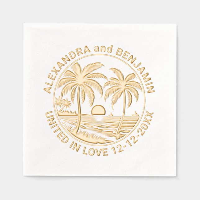 Serviettes Avec Dorure Coucher De Soleil Sur La Plage, Palmiers Mariage C (Recto)